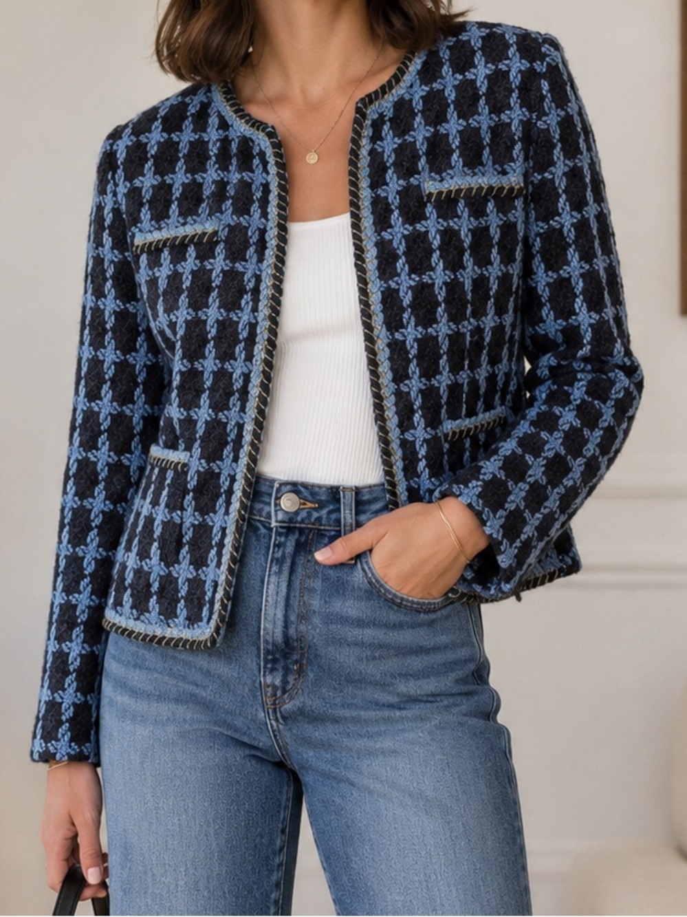Nanette Lepore Windowpane Blue Tweed Bouclé Jacket Gold Buttons Medium